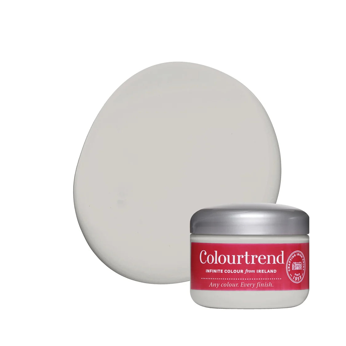 A jar of Colourtrend Infinite Colour paint with a silver lid and red label, shown in front of a large oval swatch displaying the grey paint color, on a white background.