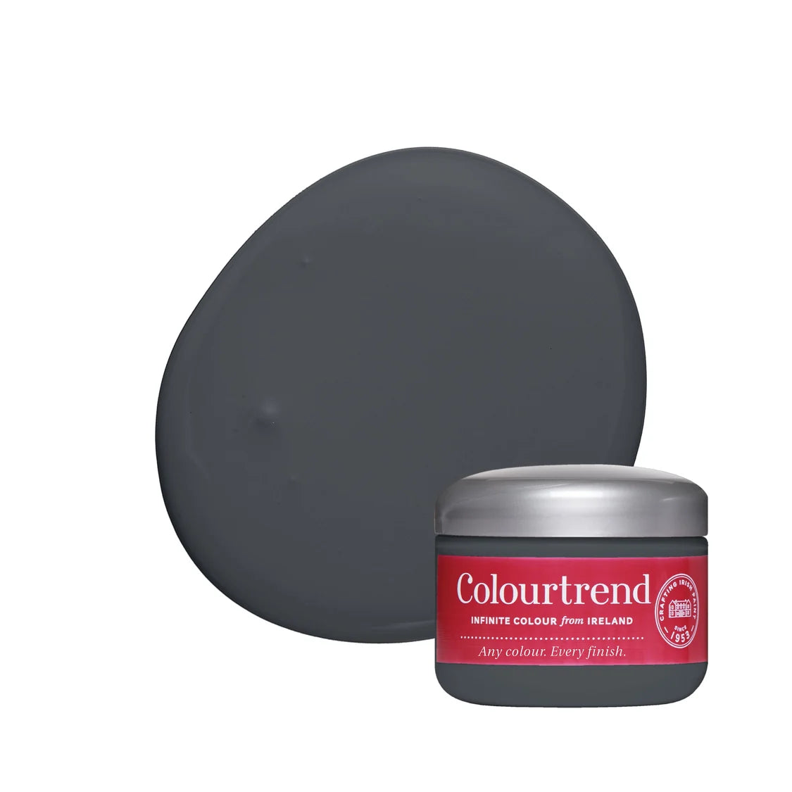 Colourtrend paint sample jar with a swatch of dark grey color on a white background