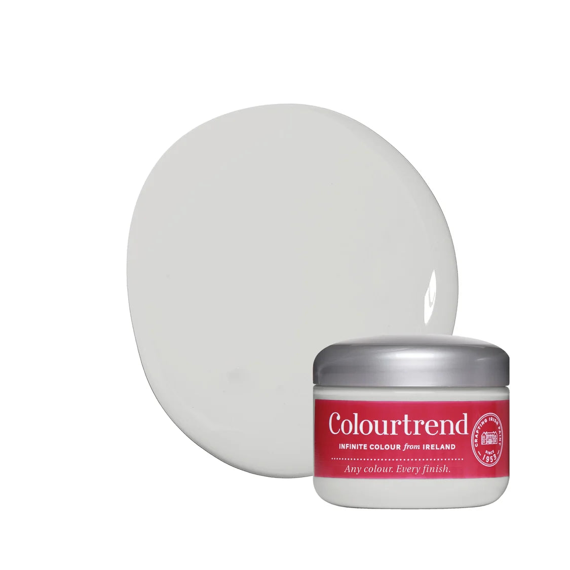 A jar of Colourtrend grey sample paint with a silver lid and red label, shown in front of a large circular white paint swatch on a white background.