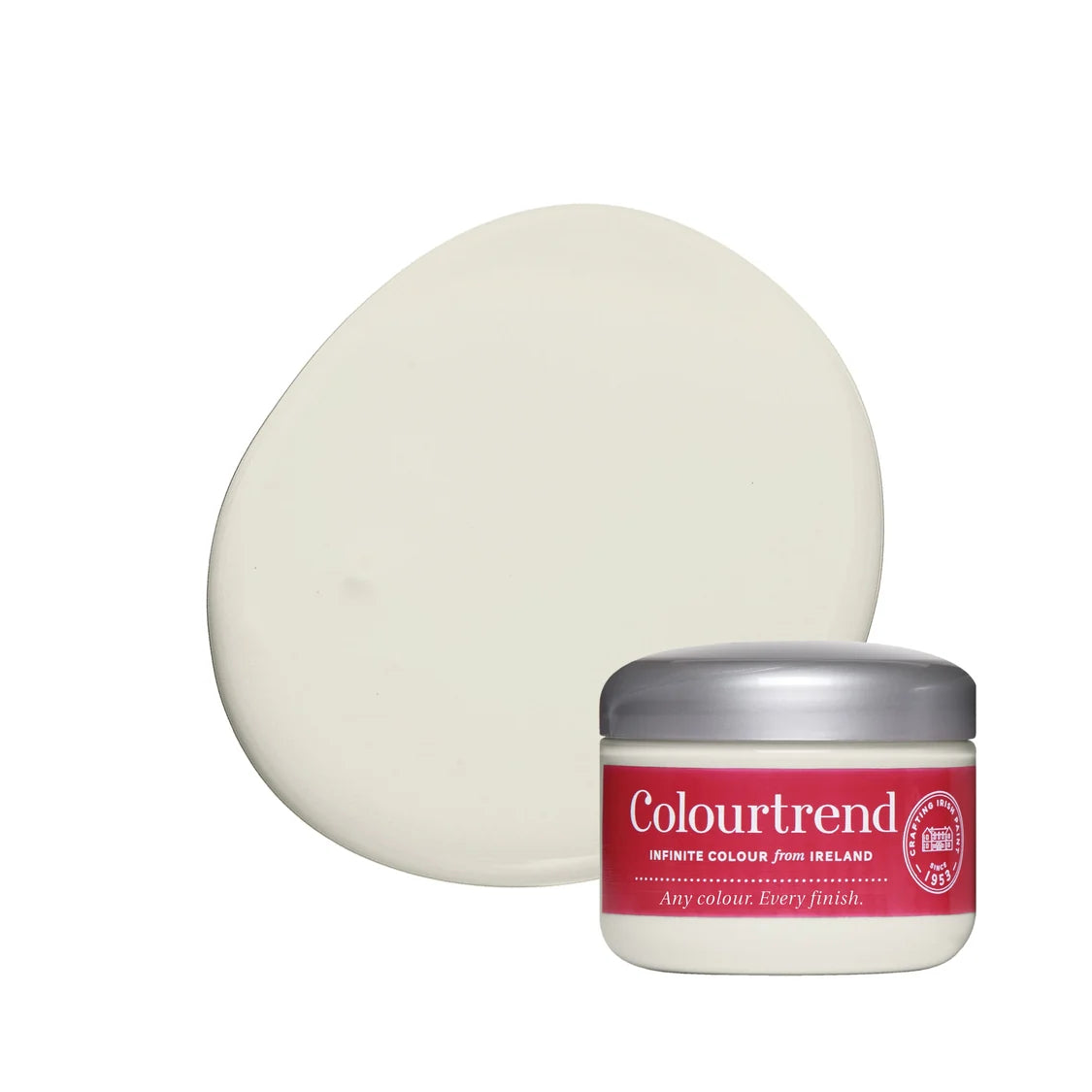 A jar of Colourtrend off white paint shown in front of a large, smooth, oval-shaped cream-colored swatch on a plain white background.
