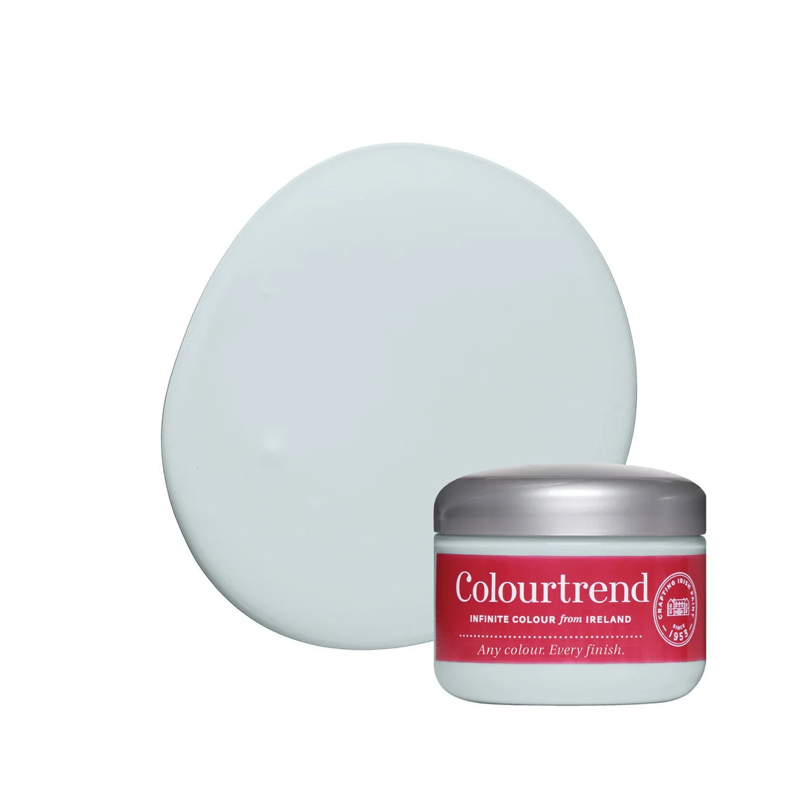 A jar of Colourtrend blue white paint shown in front of a large oval swatch of the pale minty cream product on a white background.