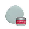 A jar of Colourtrend sample pot in an aqua blueshown with a large matching product swatch behind it on a white background.