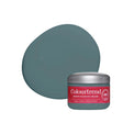 Colourtrend sample pot with a swatch of dark blue green color on a white background