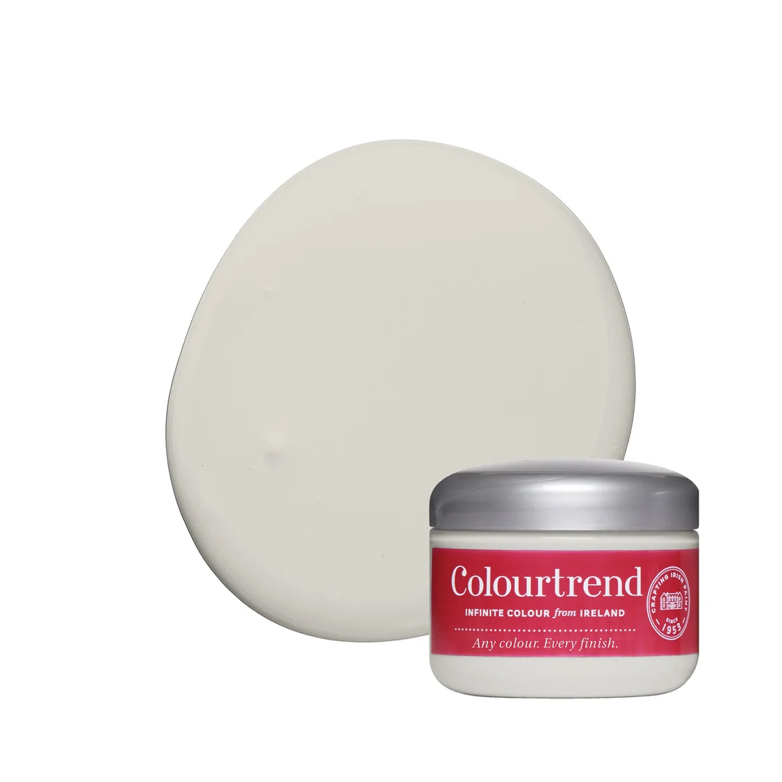 A jar of Colourtrend Infinite Colour Pigment from Ireland, shown in front of a large, solid off-white oval color swatch on a plain white background.
